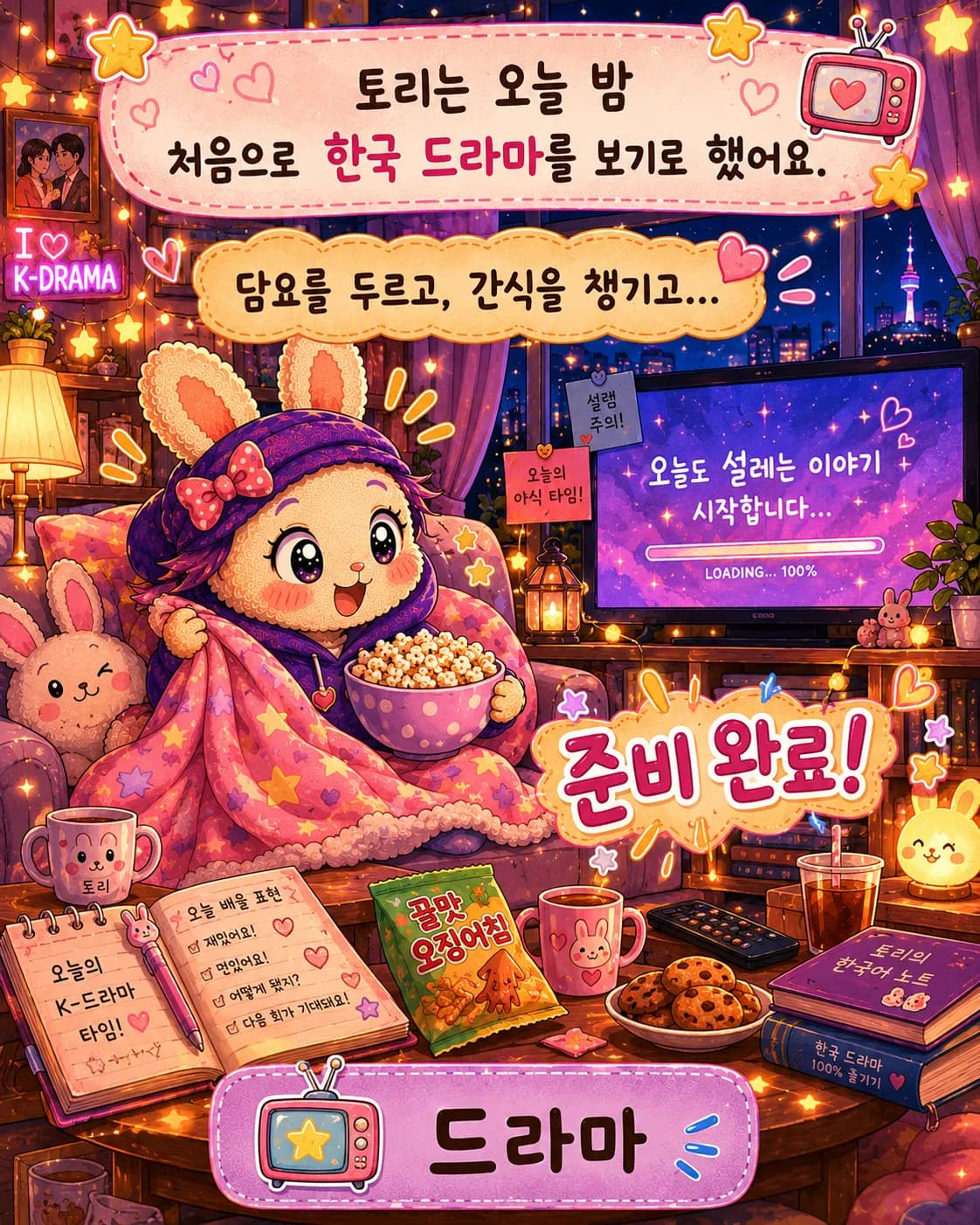 Tori今晚决定
第一次看韩剧。
披上毯子，准备好零食...
准备完毕！